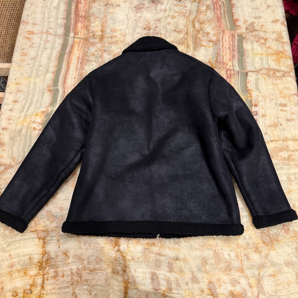 Abercrombie & Fitch Womens Relaxed Vegan Suede Aviator Jacket Lined Black Medium - Picture 3 of 5
